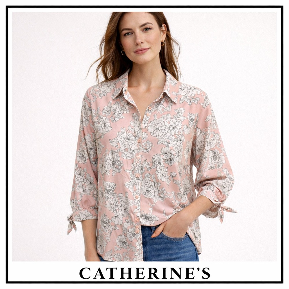 Catherines 3X Womens‎ Blouse Pink Floral Cottagecore Top Office Career Plus Size